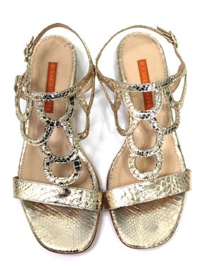 D. LACQUANITI Gold Snake Skin Print Embossed Leather Flats Shoes Sandals 37.5 7